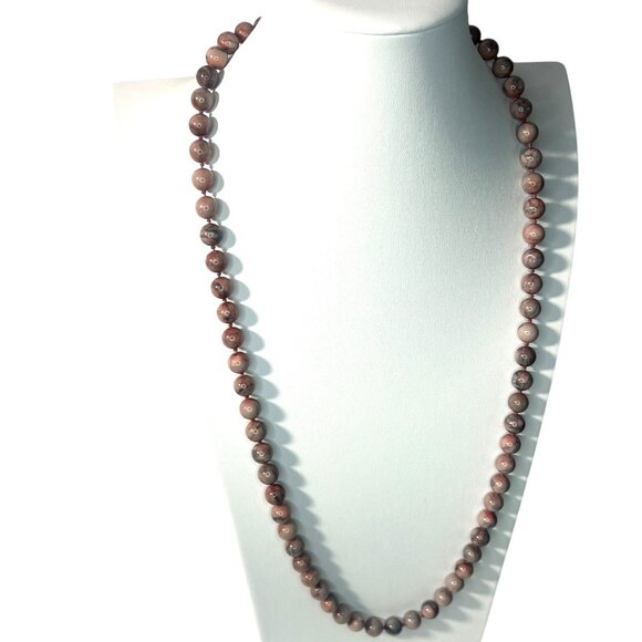 Beaded Necklace Natural Zebra Jasper Pink Gray 32" Knotted Handcrafted OOAK - Picture 4 of 8
